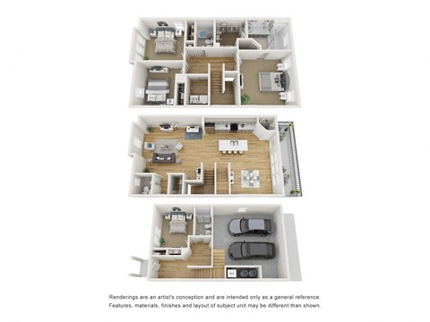 a 3d floor plan of a house withartments and a balcony